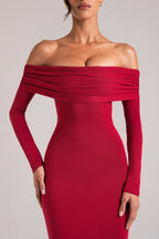 Chic Off-Shoulder Long-Sleeve Maxi Dress in Cherry Red