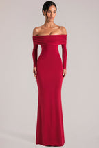 Chic Off-Shoulder Long-Sleeve Maxi Dress in Cherry Red