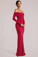 Chic Off-Shoulder Long-Sleeve Maxi Dress in Cherry Red