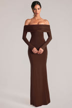 Chic Off-Shoulder Long-Sleeve Maxi Dress in Chocolate Brown