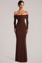 Chic Off-Shoulder Long-Sleeve Maxi Dress in Chocolate Brown