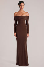 Chic Off-Shoulder Long-Sleeve Maxi Dress in Chocolate Brown