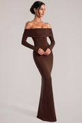Chic Off-Shoulder Long-Sleeve Maxi Dress in Chocolate Brown