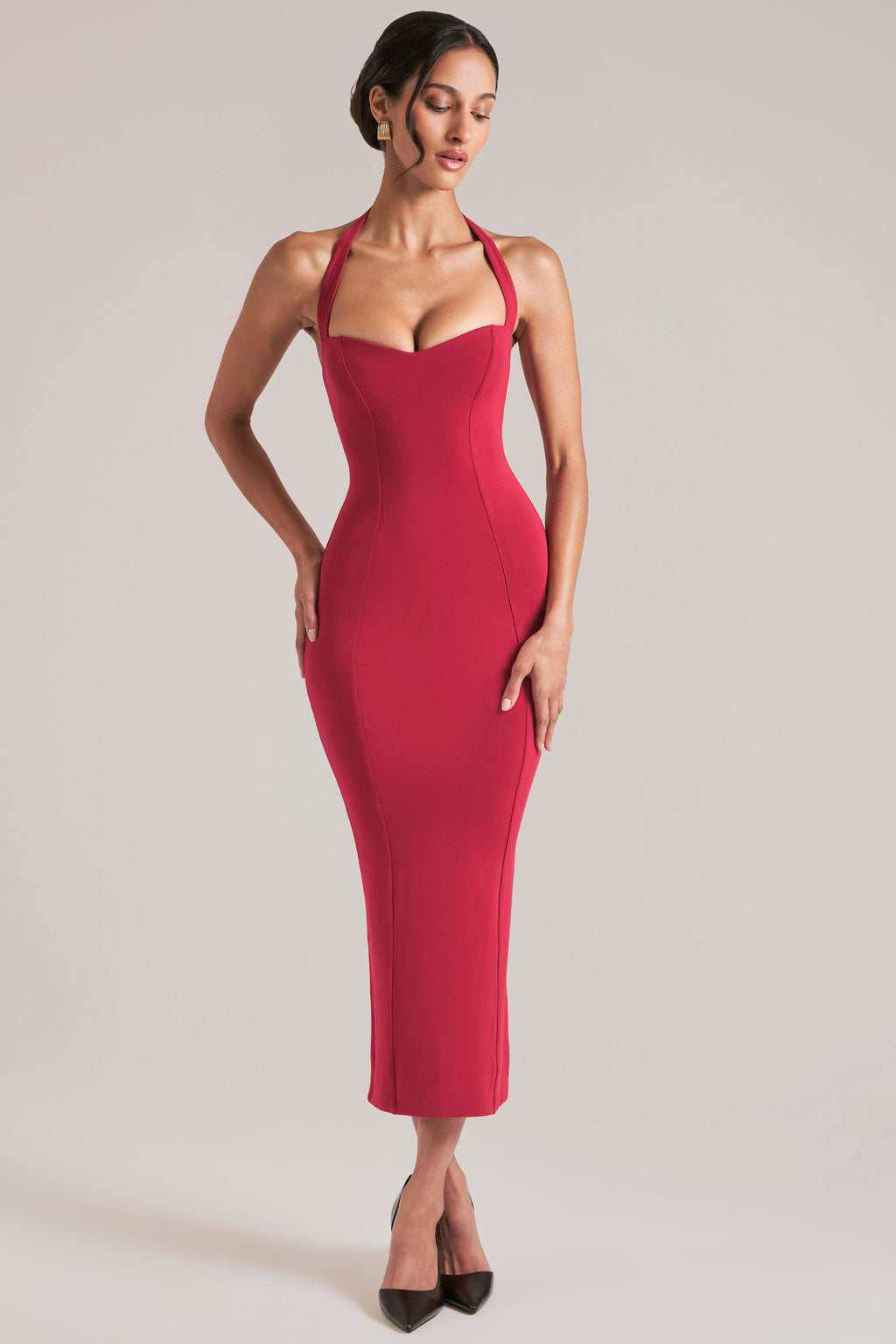 Chic Halterneck Midaxi Dress in Cherry Red