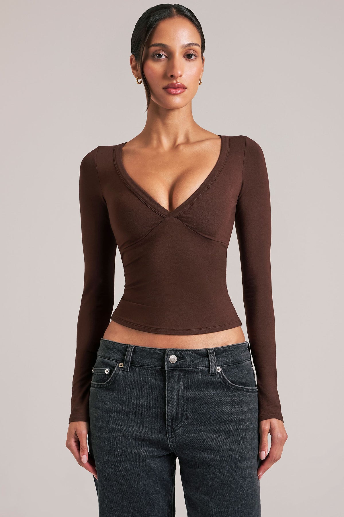 Chic V-Neck Long-Sleeve Top in Chocolate Brown