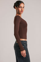 Chic V-Neck Long-Sleeve Top in Chocolate Brown