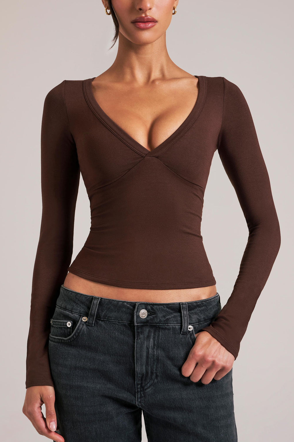 Chic V-Neck Long-Sleeve Top in Chocolate Brown