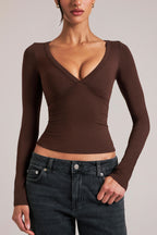 Chic V-Neck Long-Sleeve Top in Chocolate Brown