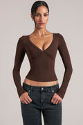 Chic V-Neck Long-Sleeve Top in Chocolate Brown
