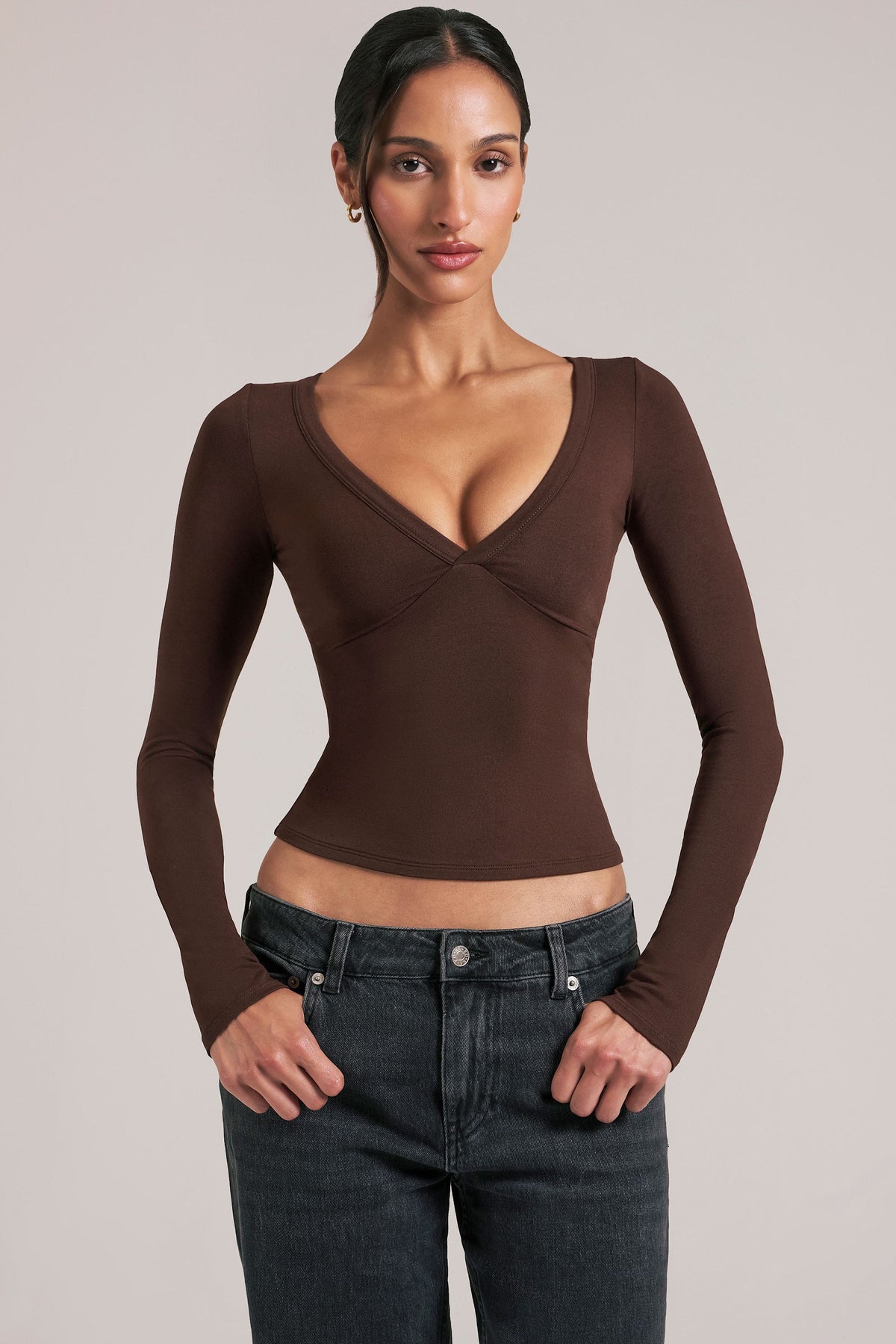 Chic V-Neck Long-Sleeve Top in Chocolate Brown