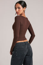 Chic V-Neck Long-Sleeve Top in Chocolate Brown