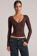 Chic V-Neck Long-Sleeve Top in Chocolate Brown