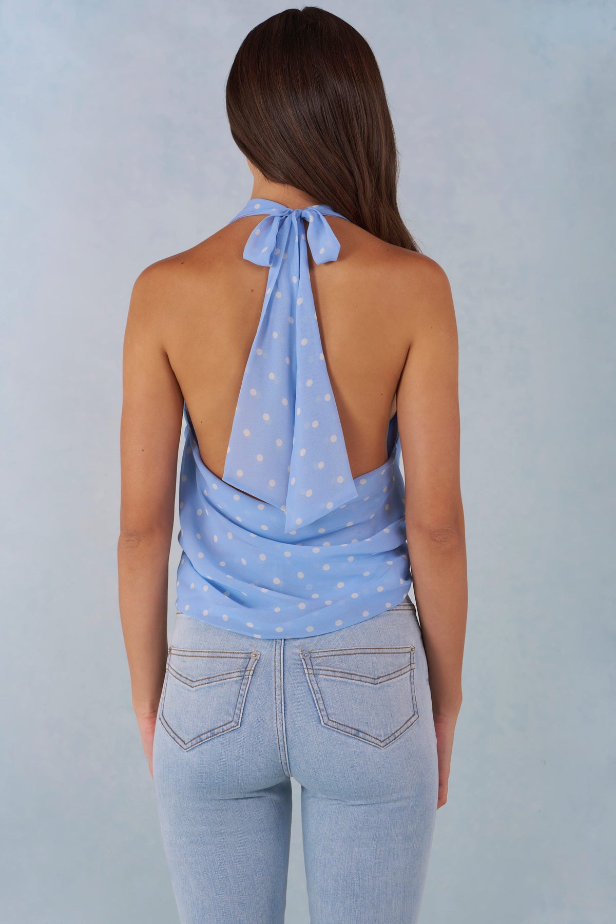 Chic Deep Plunge Halterneck Top in Blue Polka Dot Print