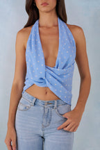 Chic Deep Plunge Halterneck Top in Blue Polka Dot Print