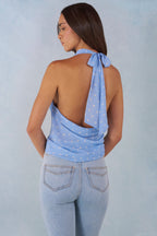 Chic Deep Plunge Halterneck Top in Blue Polka Dot Print