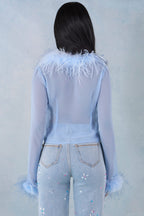 Chic Feather Trim Sheer Top in Soft Blue
