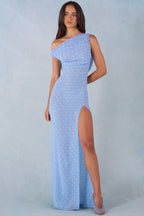 Chic One-Shoulder Maxi Dress in Blue Polka Dot Print