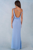 Chic One-Shoulder Maxi Dress in Blue Polka Dot Print