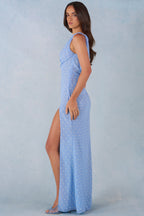 Chic One-Shoulder Maxi Dress in Blue Polka Dot Print