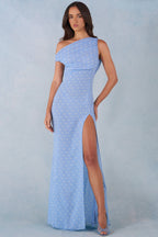Chic One-Shoulder Maxi Dress in Blue Polka Dot Print