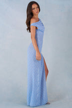 Chic One-Shoulder Maxi Dress in Blue Polka Dot Print