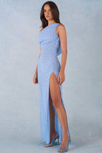 Chic One-Shoulder Maxi Dress in Blue Polka Dot Print