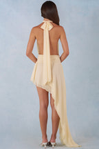 Chic Halterneck Asymmetric Maxi Dress in Butter Yellow