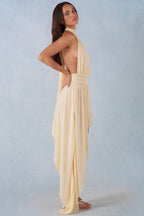 Chic Halterneck Asymmetric Maxi Dress in Butter Yellow