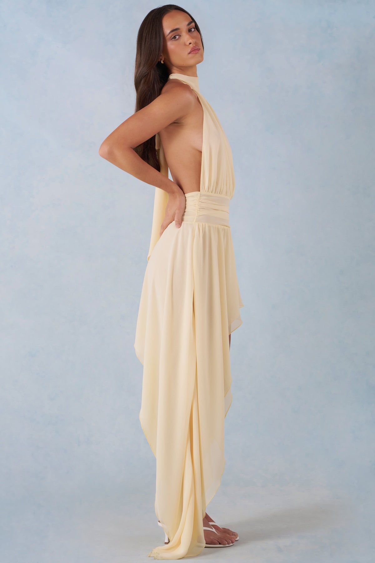 Chic Halterneck Asymmetric Maxi Dress in Butter Yellow