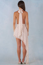 Chic Halterneck Asymmetric Maxi Dress in Ivory Polka Dot Print