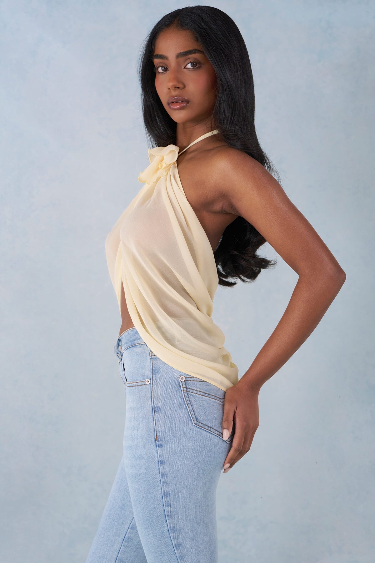 Chic Halterneck Open-Front Top in Butter Yellow