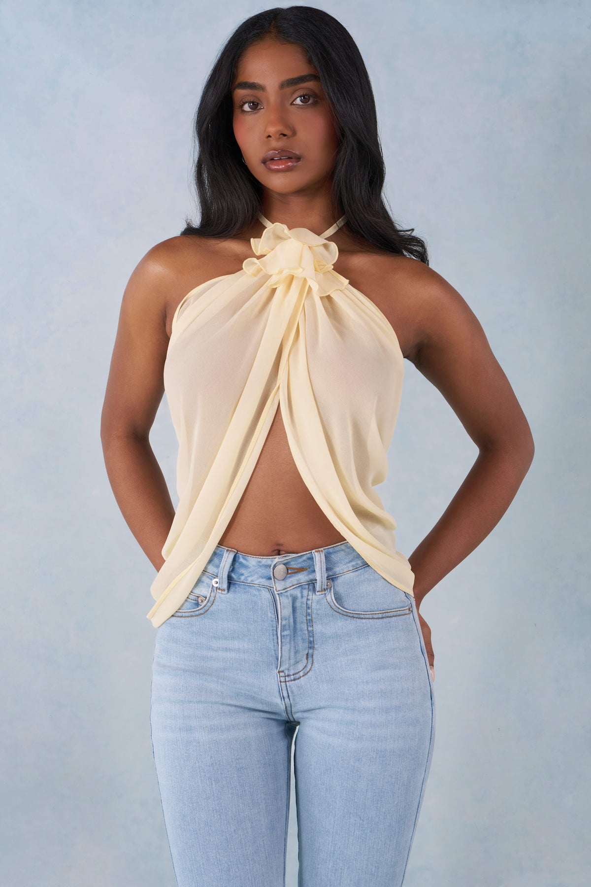 Chic Halterneck Open-Front Top in Butter Yellow