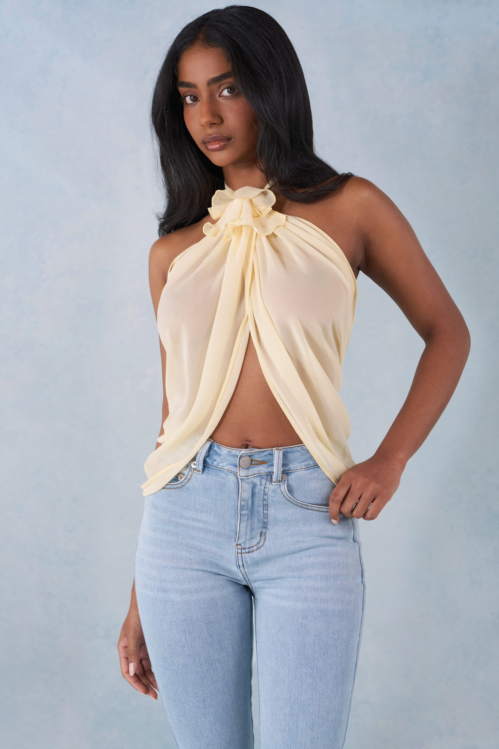 Chic Halterneck Open-Front Top in Butter Yellow