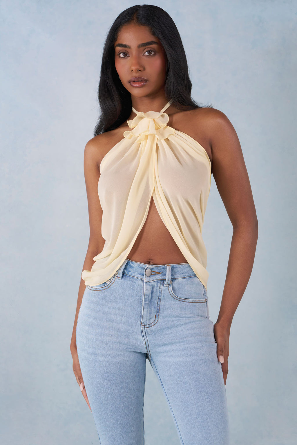Chic Halterneck Open-Front Top in Butter Yellow