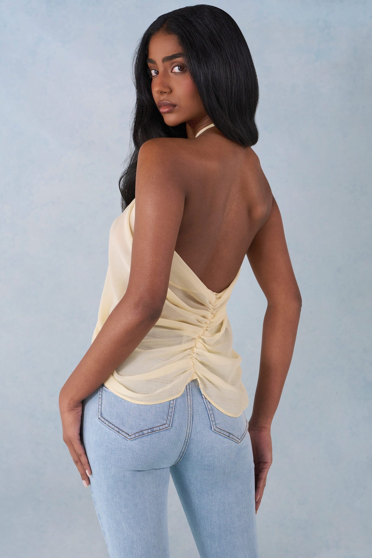 Chic Halterneck Open-Front Top in Butter Yellow
