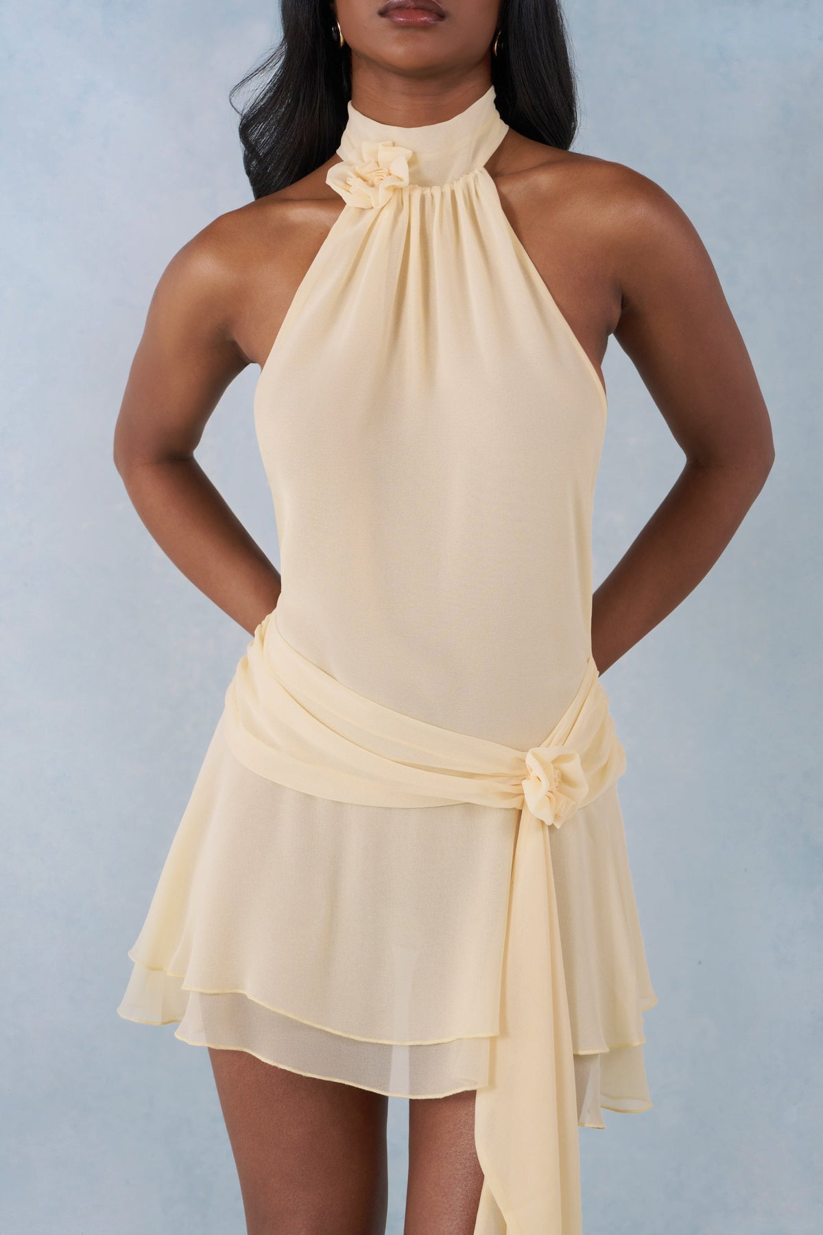 Chic Halterneck Mini Dress in Butter Yellow