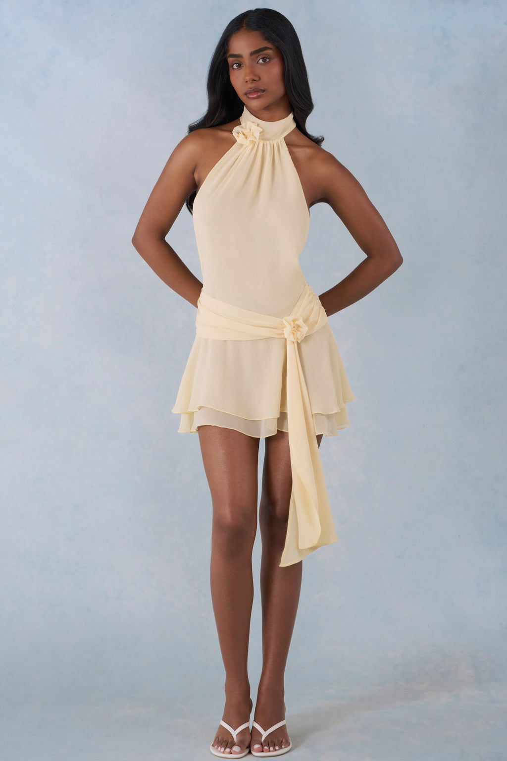Chic Halterneck Mini Dress in Butter Yellow