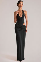 Chic Deep Plunge Halterneck Maxi Dress in Black