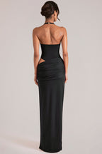 Chic Deep Plunge Halterneck Maxi Dress in Black