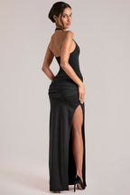 Chic Deep Plunge Halterneck Maxi Dress in Black