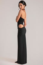 Chic Deep Plunge Halterneck Maxi Dress in Black