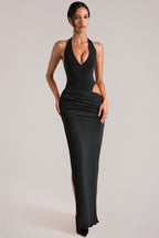 Chic Deep Plunge Halterneck Maxi Dress in Black