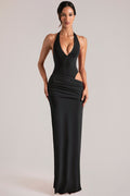 Chic Deep Plunge Halterneck Maxi Dress in Black