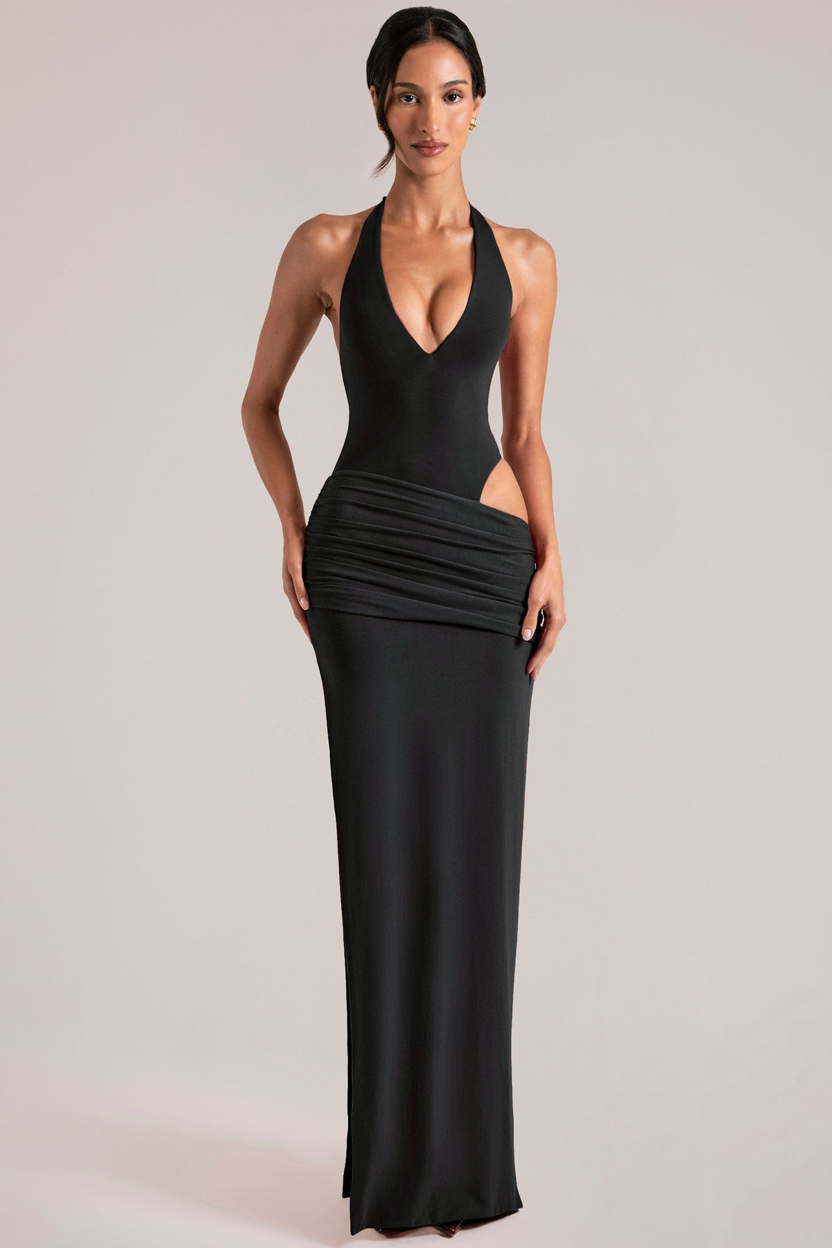 Chic Deep Plunge Halterneck Maxi Dress in Black