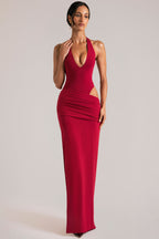 Chic Deep Plunge Halterneck Maxi Dress in Cherry Red