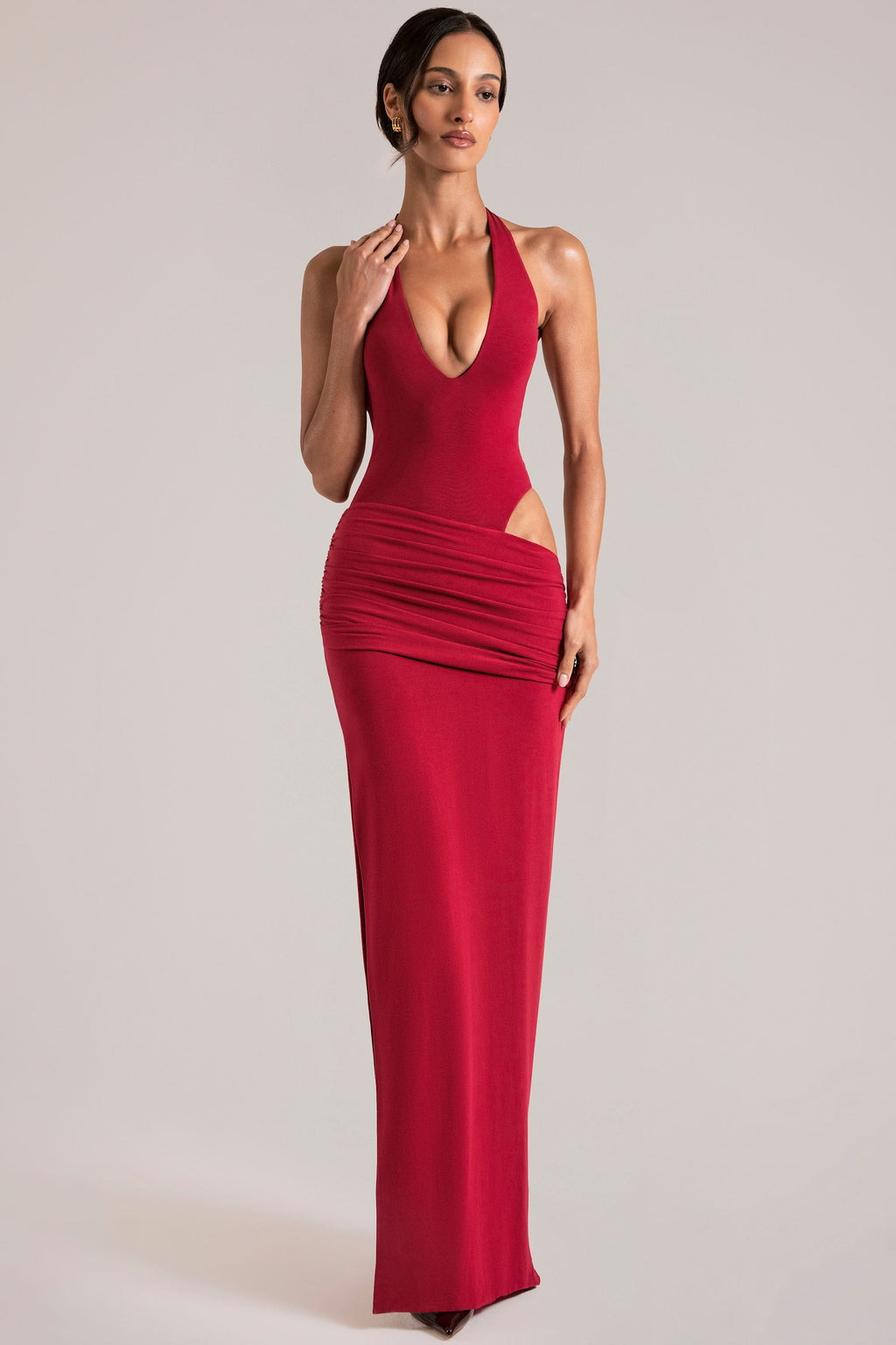 Chic Deep Plunge Halterneck Maxi Dress in Cherry Red