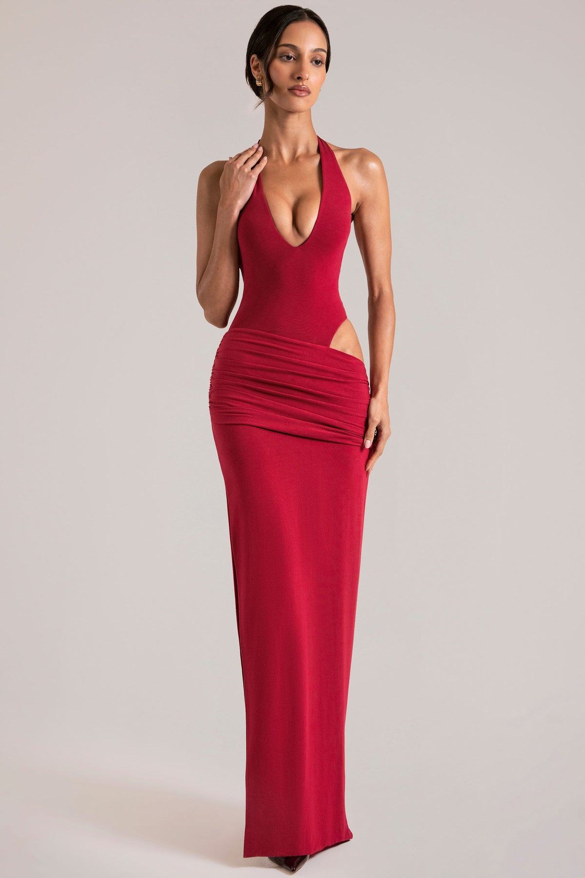 Chic Deep Plunge Halterneck Maxi Dress in Cherry Red