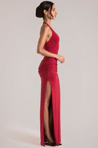 Chic Deep Plunge Halterneck Maxi Dress in Cherry Red