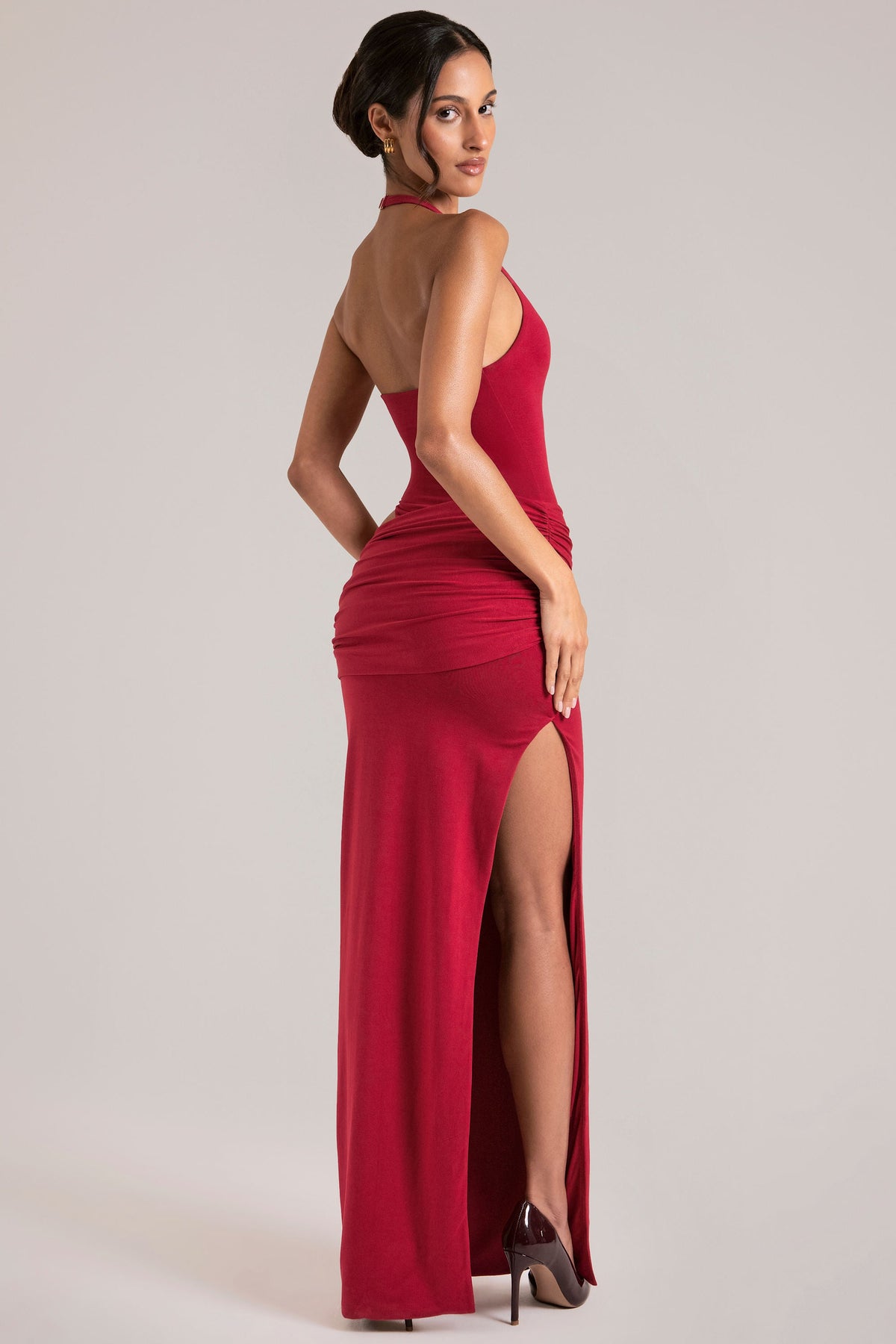 Chic Deep Plunge Halterneck Maxi Dress in Cherry Red