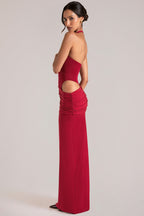 Chic Deep Plunge Halterneck Maxi Dress in Cherry Red